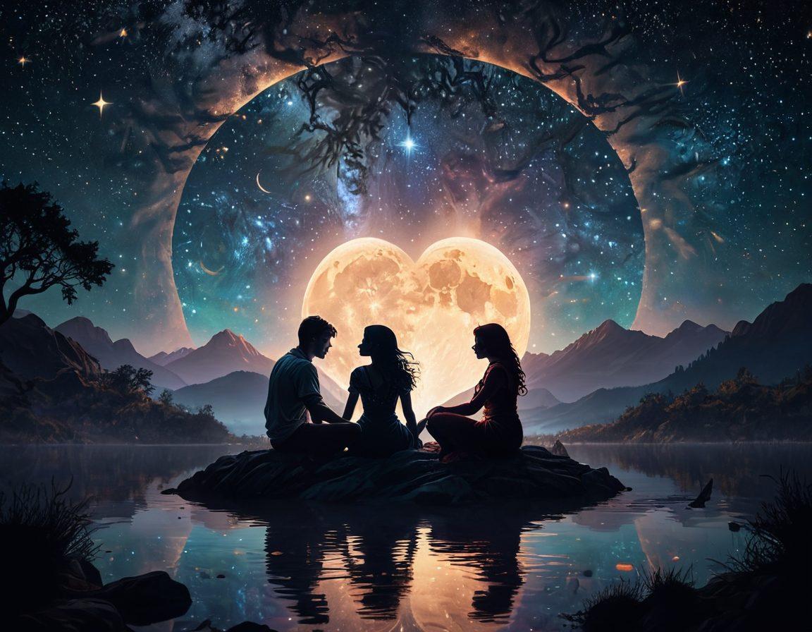A deep, starry night sky symbolizing emotional depth, with two silhouettes of a Scorpio couple sitting close together under a large, glowing moon. Surround them with subtle zodiac motifs and vibrant heart symbols, reflecting their intimacy and connection. Add ethereal light beams connecting their hearts, showcasing the bond of trust and love. Include a softly lit, dreamy atmosphere to evoke warmth and intimacy. super-realistic. vibrant colors. cosmic elements.