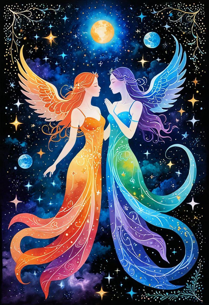 A celestial scene featuring two intertwined figures representing soulmates, surrounded by zodiac signs and constellations, with glowing heart elements connecting them. The background is a dreamy night sky filled with stars and planets, symbolizing love and compatibility. Ethereal light illuminates their connection, enhancing the magical atmosphere. vibrant colors. super-realistic. dreamy.
